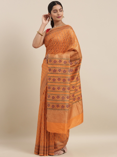 

Taneira Mustard & Gold-Toned Pure Silk Printed Block Print Saree