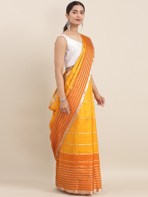 

Taneira Yellow & Silver-Toned Pure Silk Striped Saree