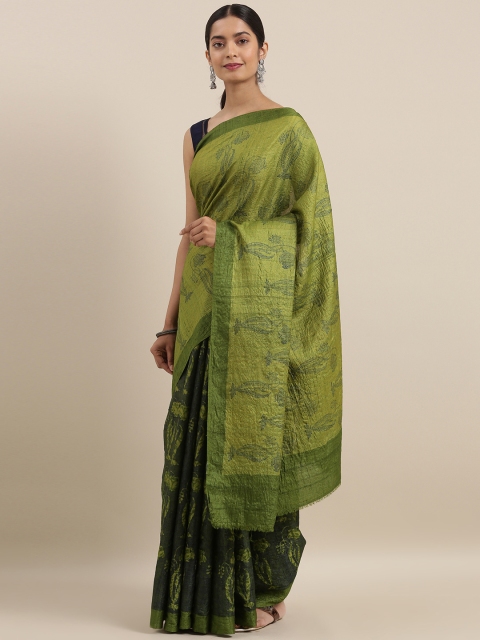 

Taneira Green Pure Silk Printed Tussar Half & Half Saree