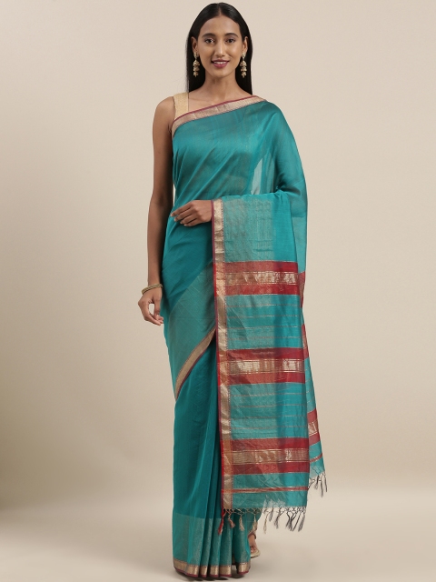 

Taneira Turquoise Blue Silk Cotton Solid Maheshwari Saree