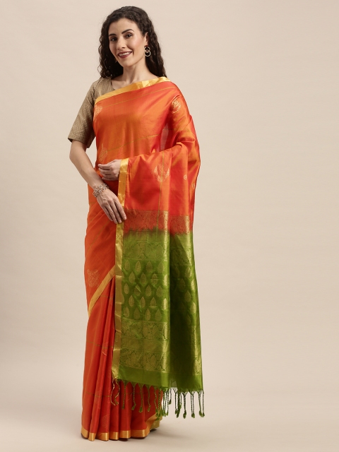 

Taneira Orange & Olive Green Pure Silk Woven Design Saree