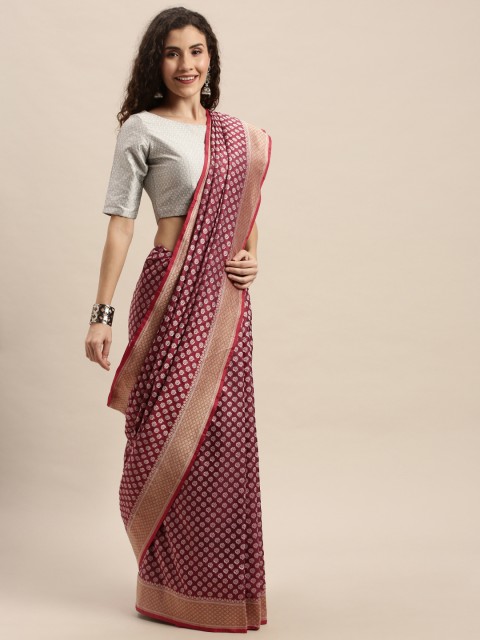 

Taneira Maroon & Silver-Toned Pure Silk Woven Design Banarasi Saree