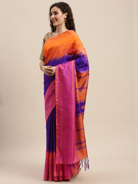 

Taneira Orange & Pink Pure Silk Striped Banarasi Saree