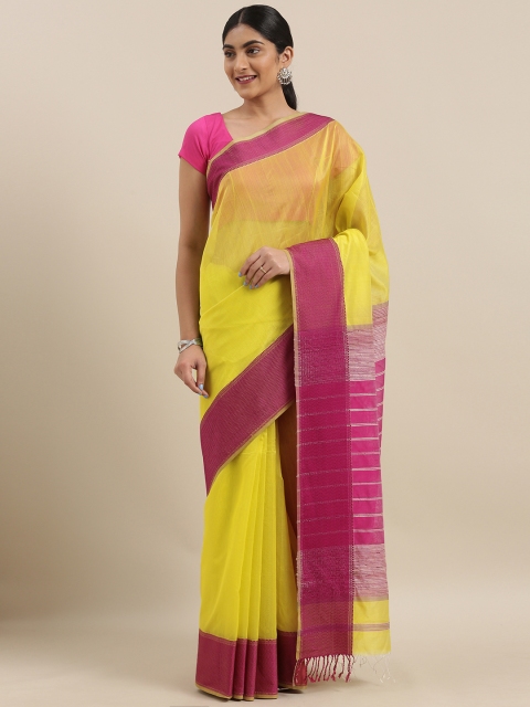 

Taneira Yellow & Pink Silk Cotton Solid Maheshwari Saree