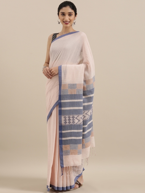 

Taneira Pink & Navy Blue Pure Cotton Solid Jamdani Saree