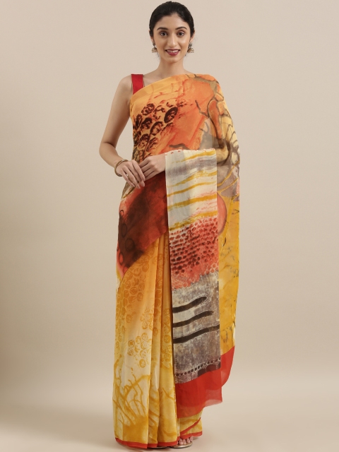 

Taneira Yellow & Brown Printed Pure Georgette Saree