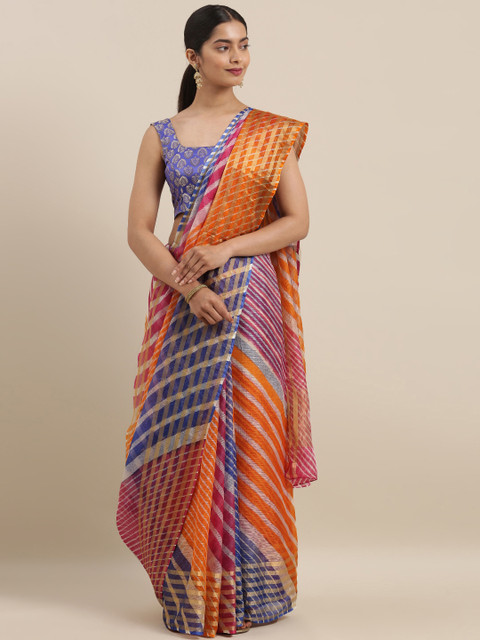 

Taneira Orange & Navy Blue Pure Silk Striped Leheriya Kota Saree
