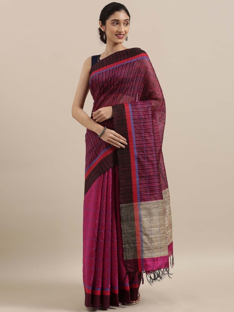 

Taneira Magenta Pink & Blue Pure Silk Checked Tussar Saree
