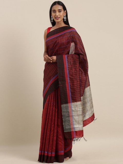 

Taneira Black & Maroon Pure Silk Striped Tussar Saree