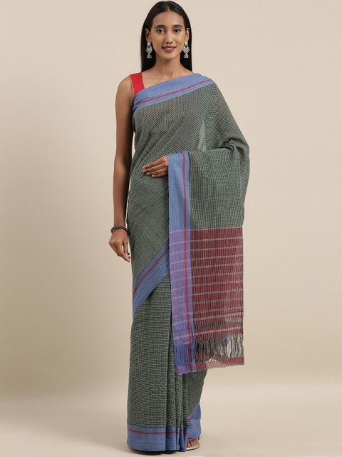 

Taneira Green & Maroon Pure Cotton Checked Saree