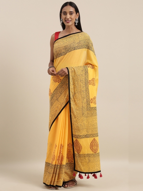 

Taneira Mustard Yellow & Black Pure Cotton Printed Block Print Saree