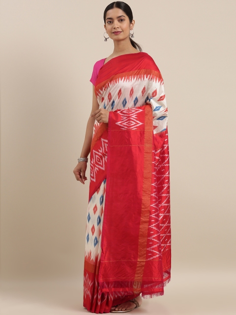 

Taneira White & Red Pure Silk Woven Ikat Saree