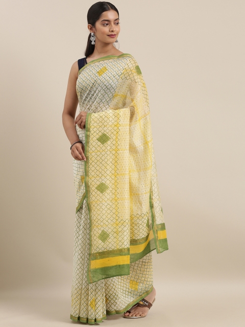 

Taneira Off-White & Yellow Silk Cotton Printed Chanderi Saree