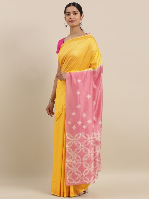 

Taneira Yellow & Pink Pure Silk Woven Design Saree