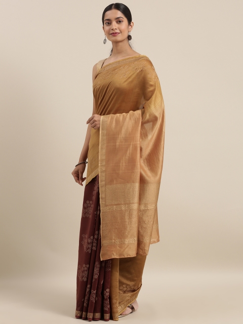 

Taneira Brown & Gold-Toned Silk Cotton Printed Maheshwari Saree