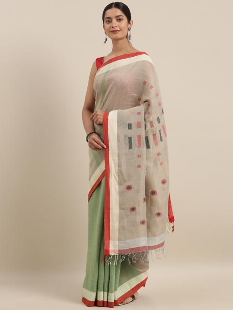 

Taneira Green & Off-White Linen Blend Solid Jamdani Saree