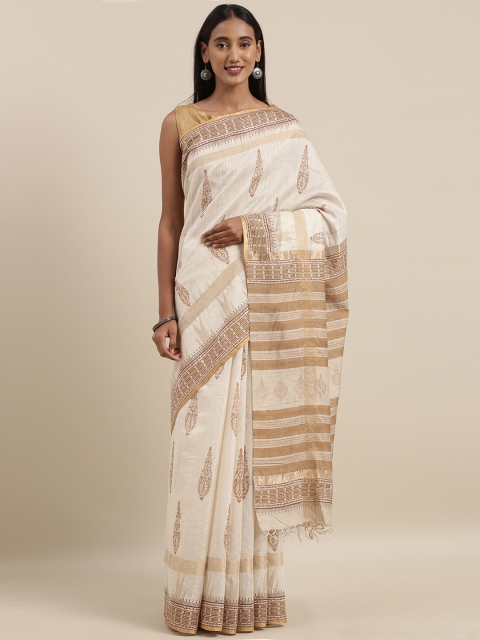 

Taneira Off-White & Golden Pure Silk Printed Tussar Saree