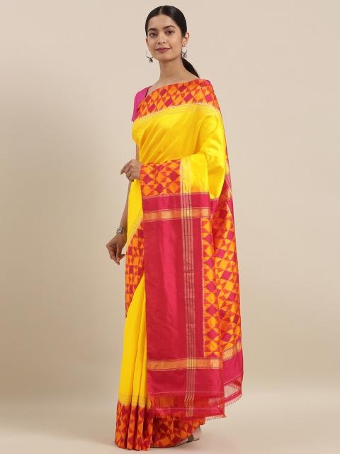 

Taneira Mustard Yellow & Red Pure Silk Solid Pochampally Saree