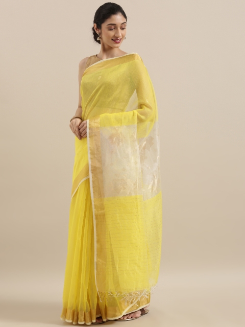 

Taneira Yellow & Gold-Toned Pure Silk Solid Jamdani Saree