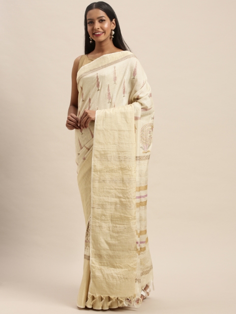 

Taneira Off-White & Golden Pure Silk Block Printed Tussar Saree