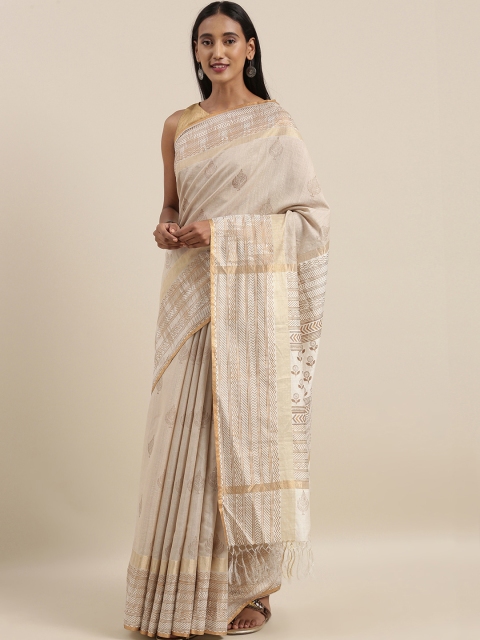 

Taneira Beige & Golden Pure Silk Printed Tussar Saree