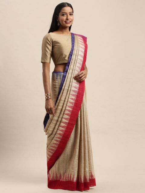 

Taneira Beige & Red Pure Silk Woven Ikat Saree