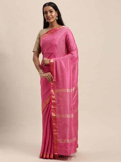 

Taneira Pink & White Pure Silk Striped Maheshwari Saree