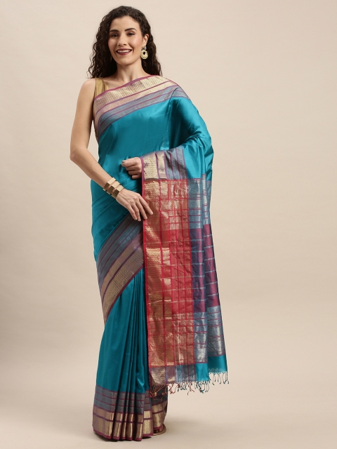 

Taneira Teal Blue Pure Silk Solid Maheshwari Saree