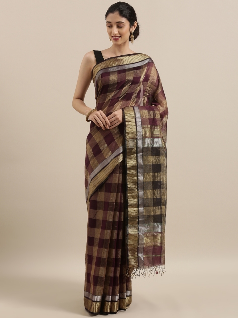 

Taneira Brown & Gold-Toned Silk Cotton Striped Maheshwari Saree