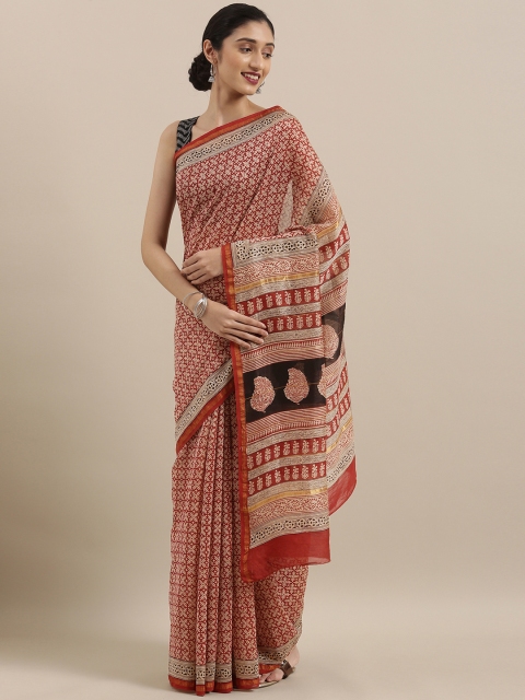 

Taneira Orange & Beige Silk Cotton Printed Bagru Saree