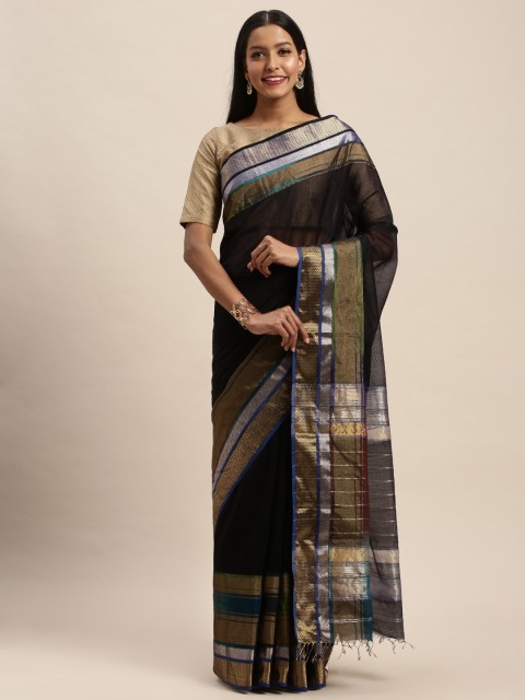

Taneira Black & Golden Silk Cotton Solid Maheshwari Saree