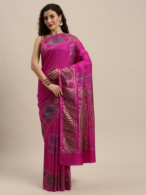 

Taneira Pink & Gold-Toned Pure Silk Printed Block Print Saree