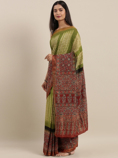 

Taneira Green & Brown Pure Cotton Ajrakh Block Print Saree