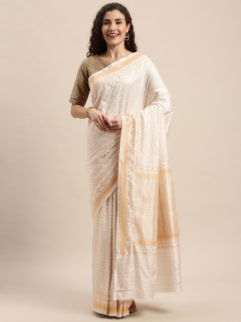 

Taneira Off-White & Gold-Toned Pure Silk Woven Design Banarasi Saree