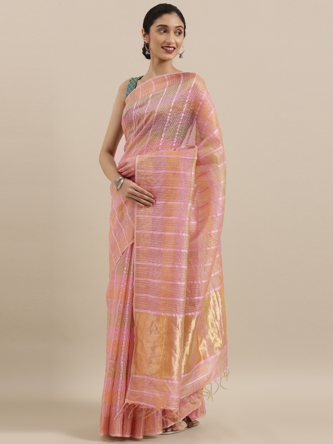 

Taneira Pink Pure Silk Striped Tussar Saree