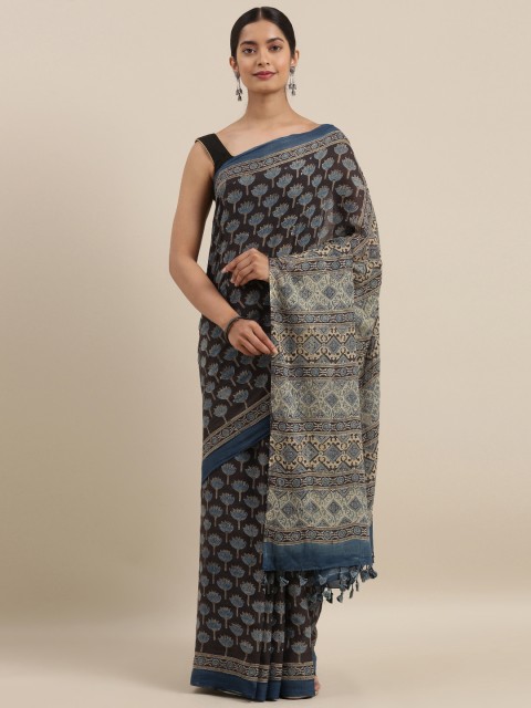 

Taneira Brown Pure Cotton Printed Block Print Saree