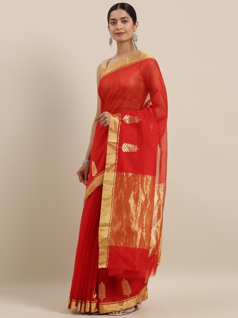 

Taneira Red Silk Cotton Solid Chanderi Saree