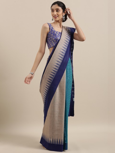 

Taneira Beige & Blue Pure Silk Ikat Tussar Saree