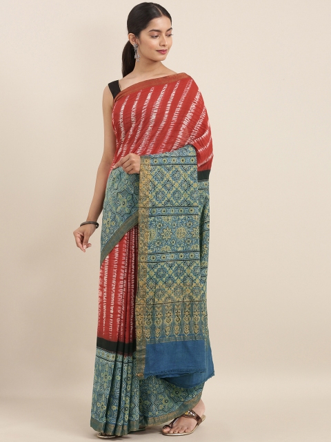 

Taneira Red & Teal Blue Pure Cotton Striped Block Print Gujarat Saree