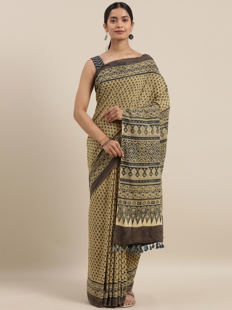 

Taneira Beige & Grey Pure Cotton Block Print Saree