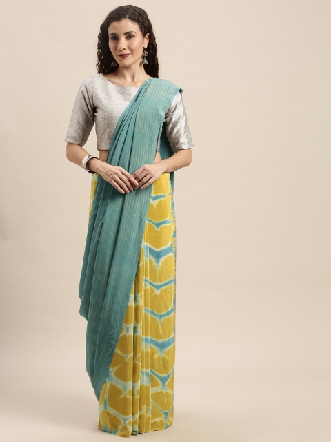 

Taneira Yellow & Green Pure Crepe Printed Half & Half Saree