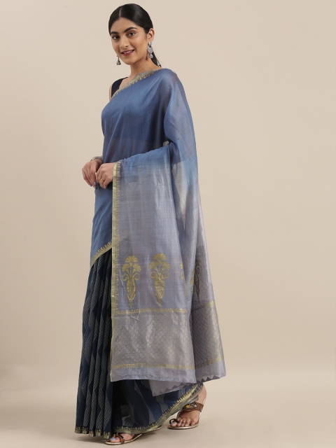 

Taneira Grey & Blue Silk Cotton Printed Maheshwari Saree
