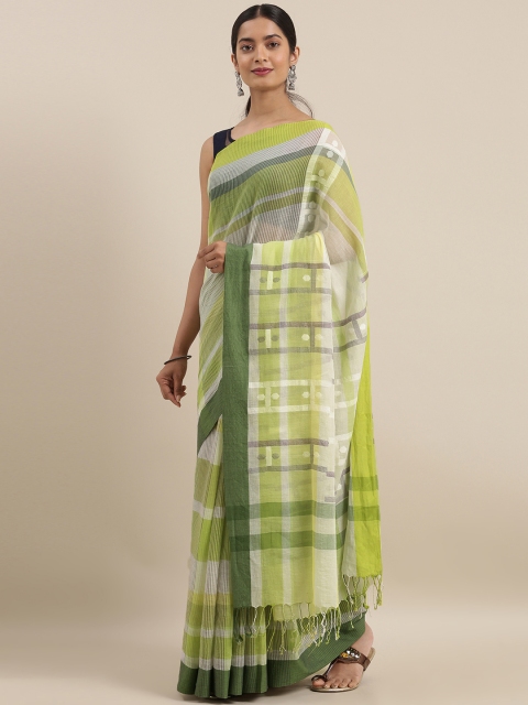 

Taneira Green & White Pure Cotton Striped Jamdani Saree