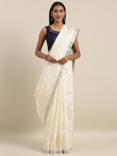 

Taneira White & Silver-Toned Pure Silk Solid Kanjeevaram Saree