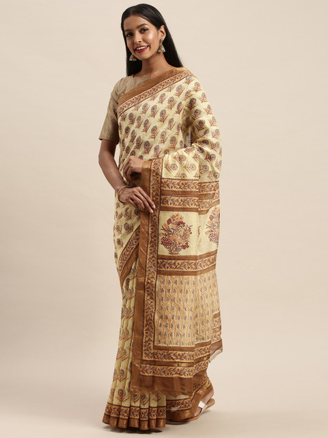 

Taneira Yellow & Brown Silk Cotton Printed Maheshwari Saree