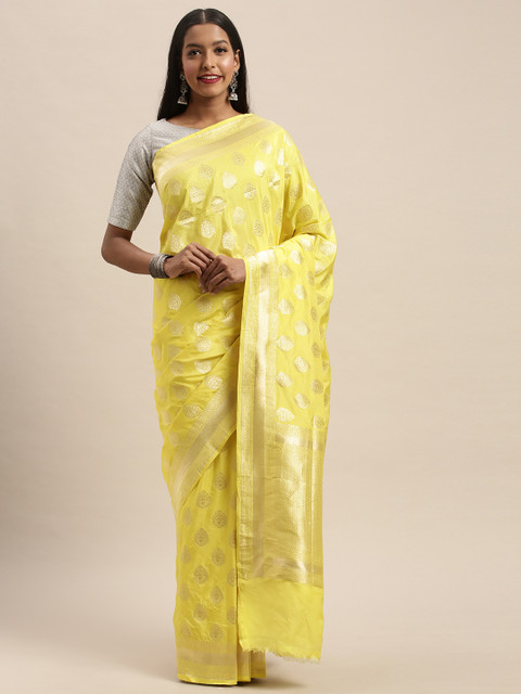 

Taneira Yellow & Gold-Coloured Pure Silk Woven Design Banarasi Saree