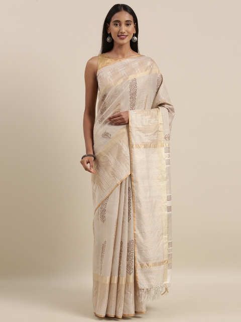 

Taneira Beige & Golden Pure Silk Printed Tussar Saree