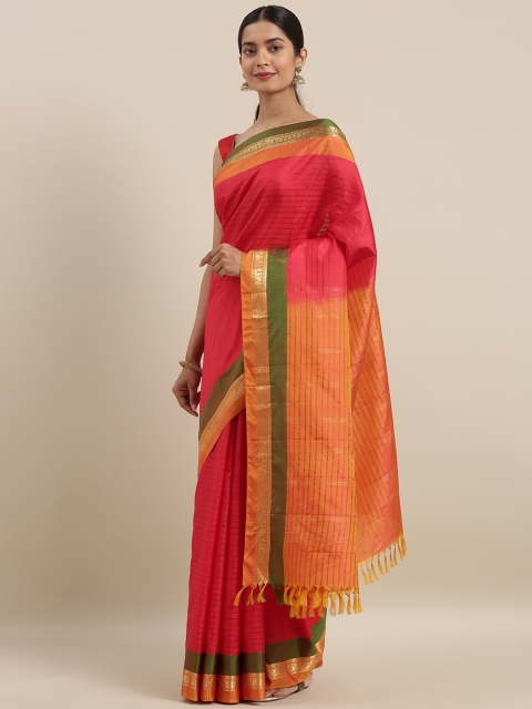 

Taneira Red & Orange Pure Silk Striped Saree