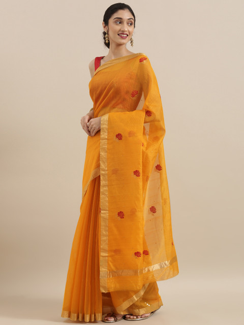 

Taneira Yellow & Red Silk Cotton Woven Design Chanderi Saree