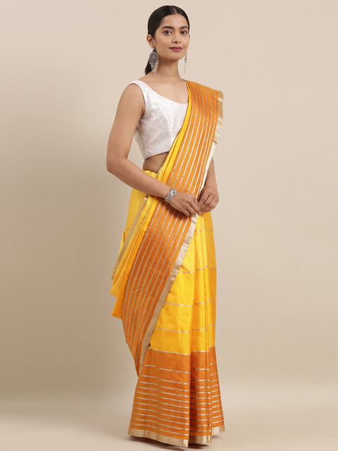 

Taneira Yellow & Purple Pure Silk Striped Saree